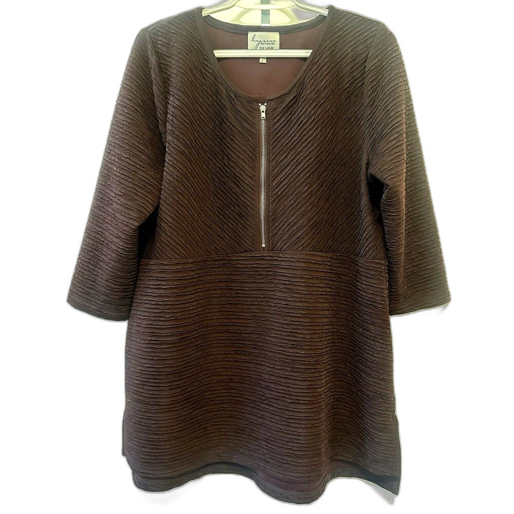 Brown Lynn Ritchie Silver Textured Crinkle Zip Front Tunic Top Womens Size Large